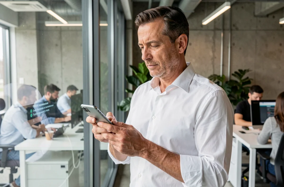 Homme vérifiant une authentification à deux facteurs sur son smartphone dans un bureau moderne