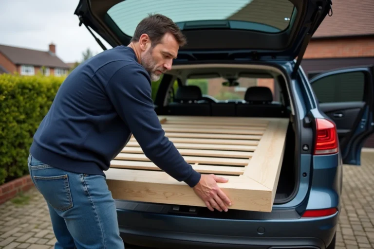 Homme manœuvrant une base de lit dans une voiture