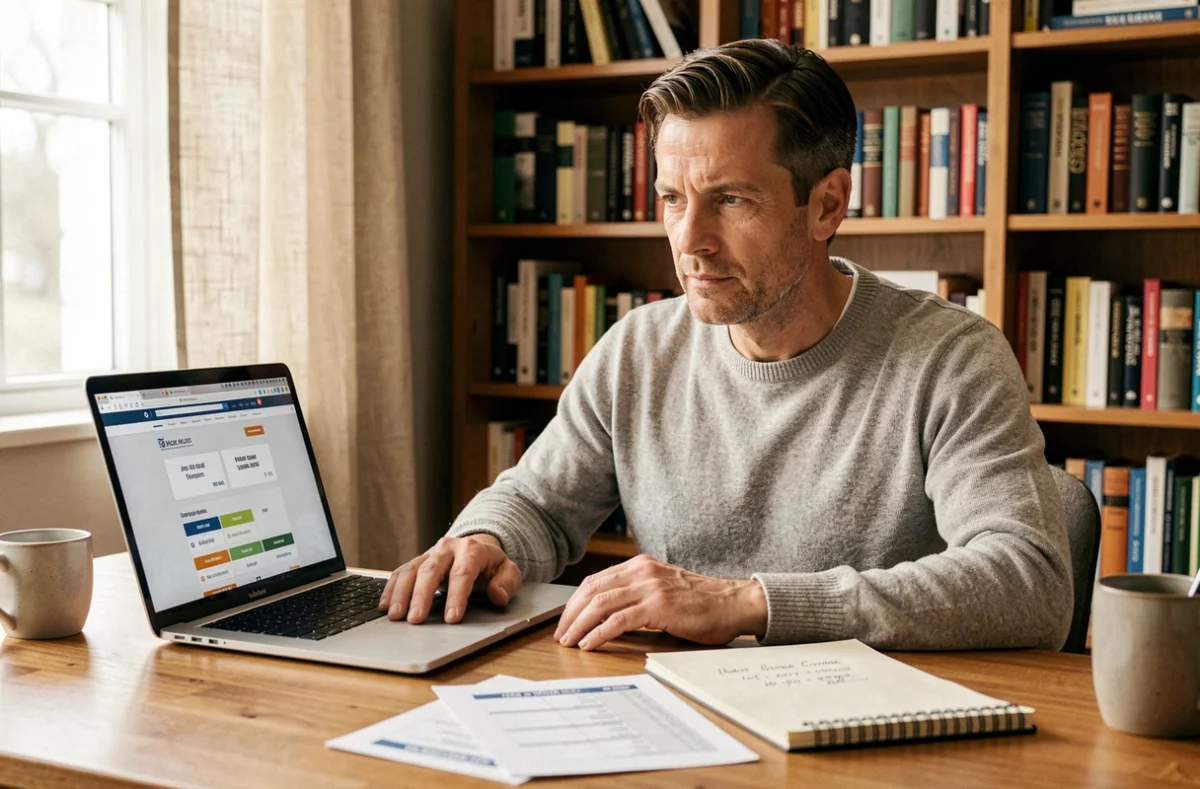 Homme comparant les offres de banque locale et nationale pour un prêt immobilier depuis son bureau à domicile