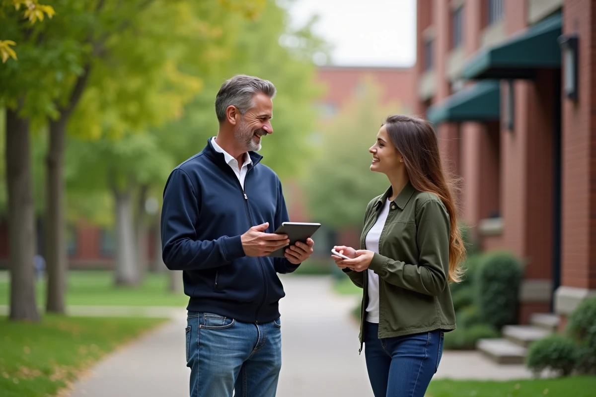 Homme et femme discutant en extérieur dans un cadre verdoyant