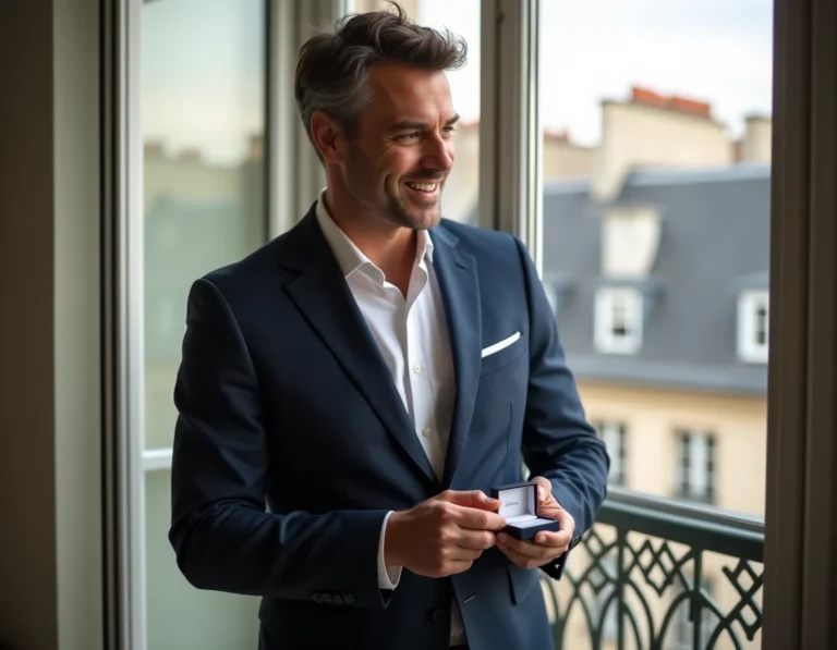 Homme élégant en costume marine tenant un écrin de bague de fiançailles dans un appartement parisien moderne, symbolisant une demande en mariage imminente
