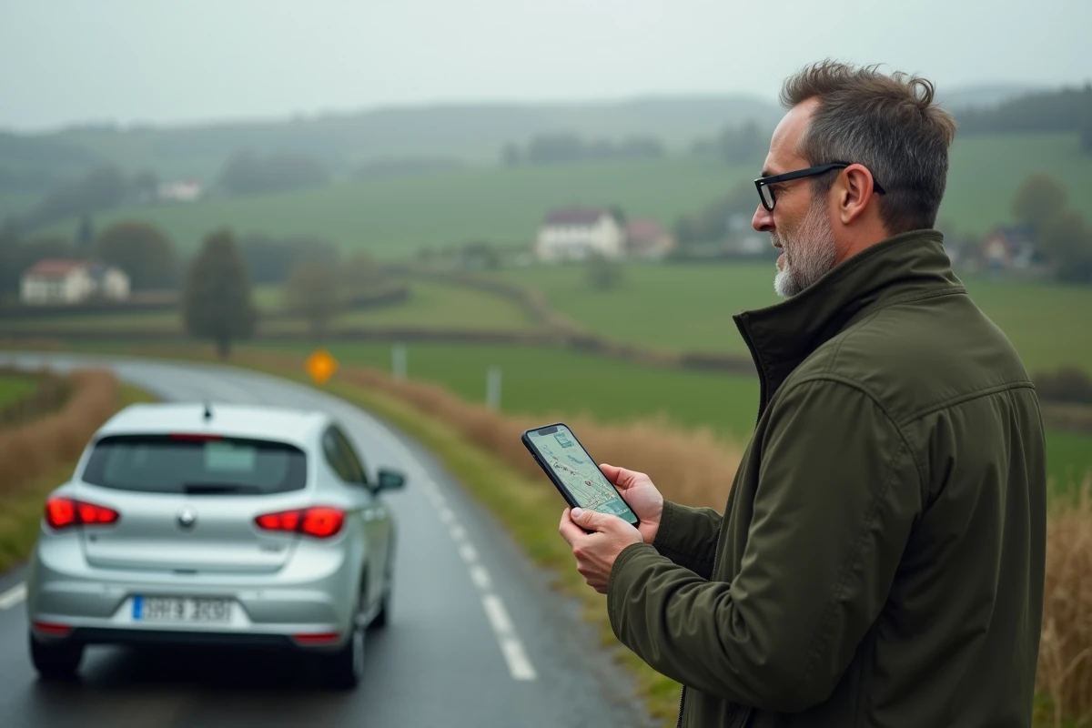 Homme consultant une application GPS sur smartphone pour naviguer en route en France
