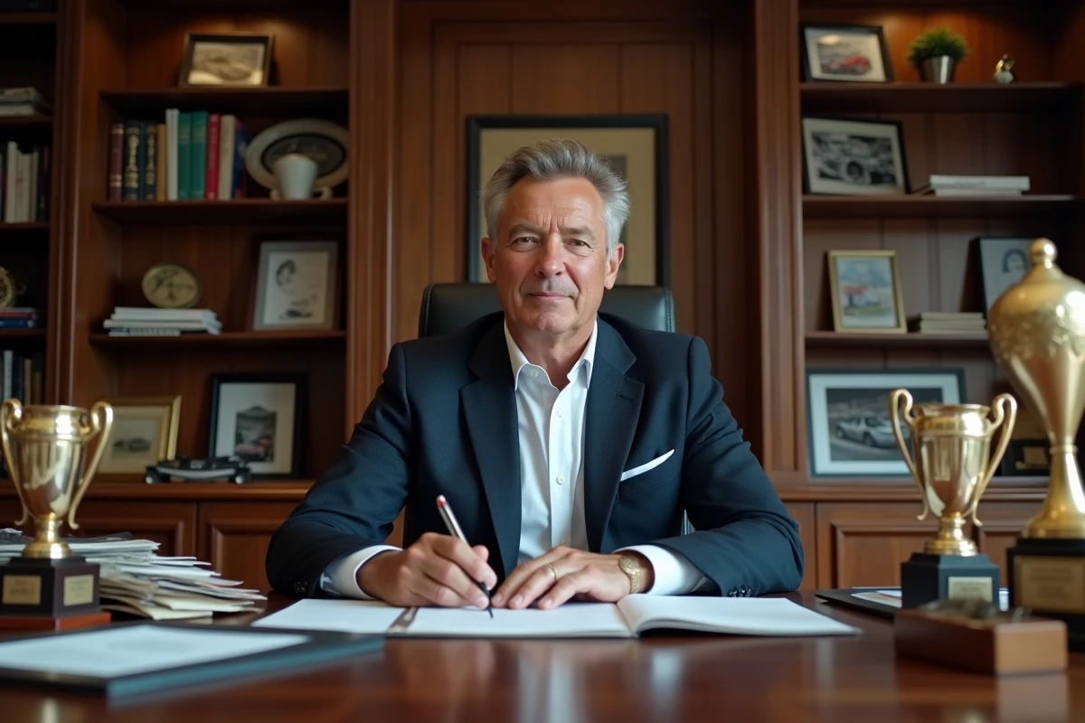 Homme d age dans un bureau avec trophées et photos