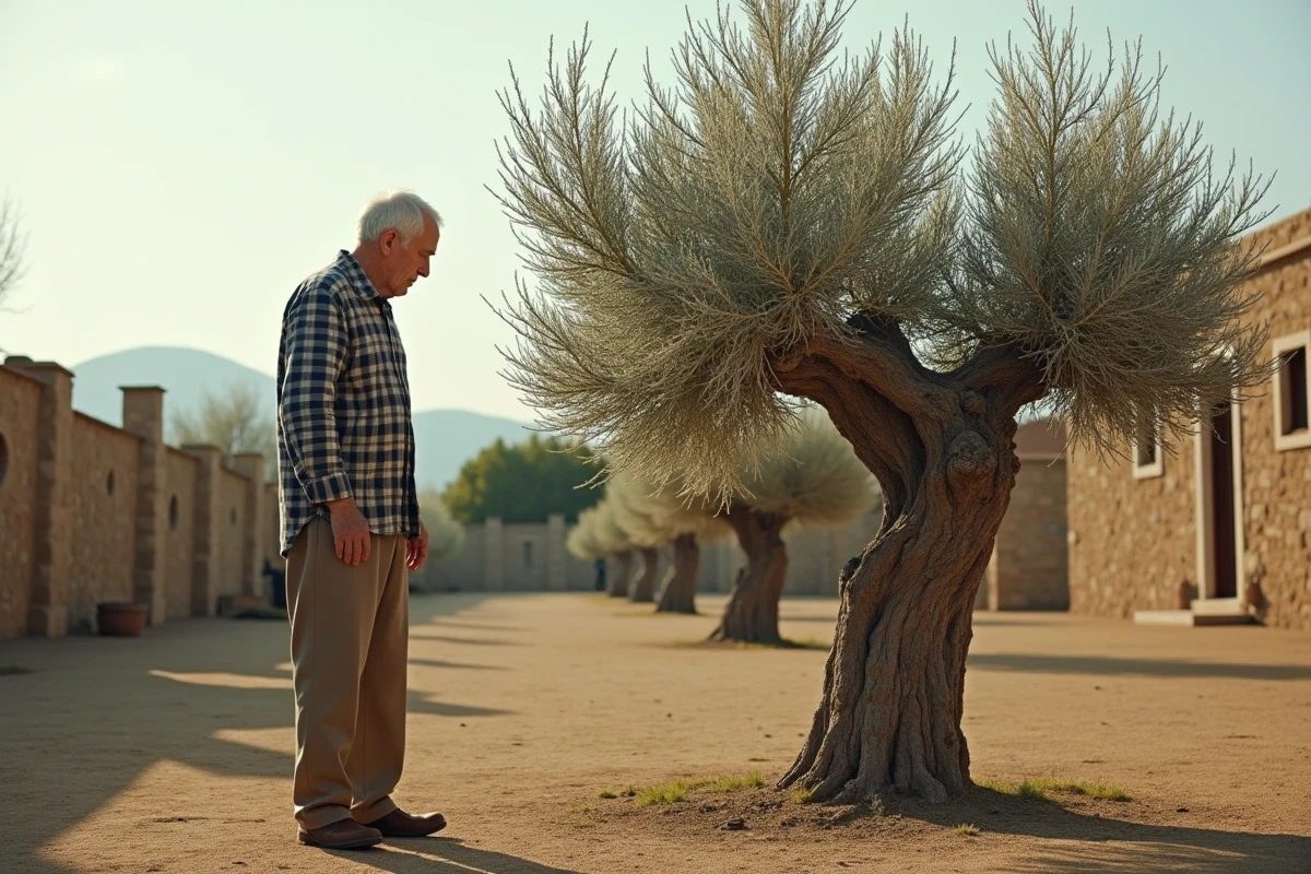 Homme regardant un olivier sec dans un jardin rustique