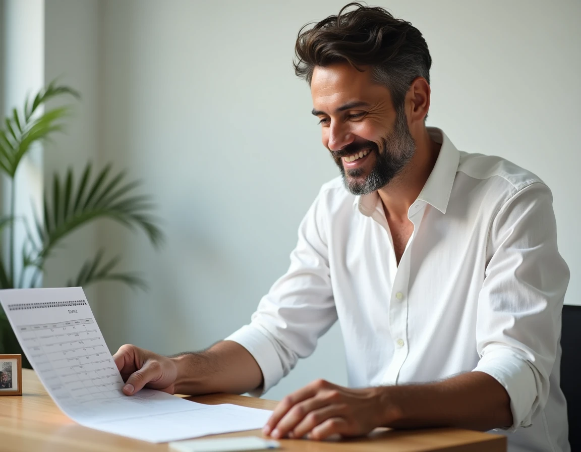 Homme élégant en chemise blanche planifiant un événement important à son bureau minimaliste, suggérant une organisation de mariage ou de cérémonie en 2026