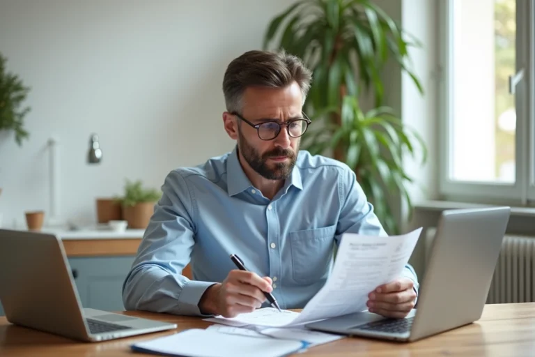 Homme concentré examinant une déclaration fiscale dans une cuisine parisienne