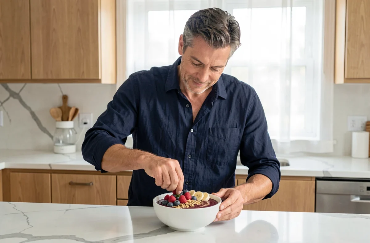 Homme préparant un bol de smoothie sain avec des fruits frais dans une cuisine moderne comme astuce bien-être quotidien