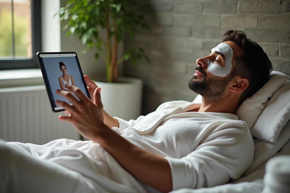 Homme appliquant un masque visage dans une salle de bain
