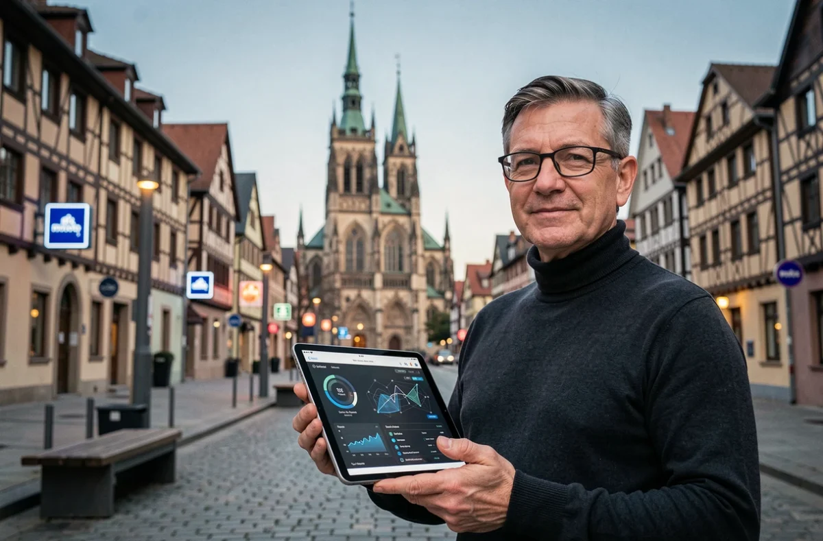 Homme d'affaires tenant une tablette avec interface ville intelligente devant la cathédrale de Strasbourg, symbole du numérique en Alsace