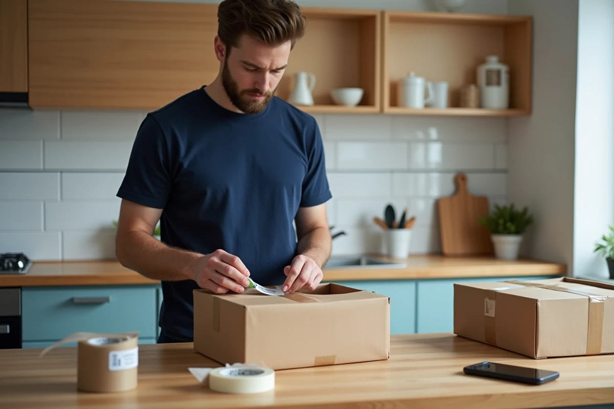 Homme préparant des colis à la maison pour vendre des produits et générer un revenu complémentaire