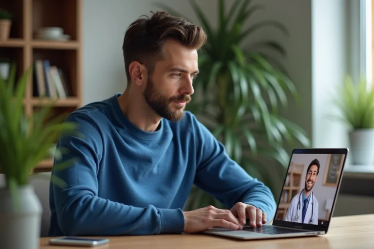 Homme en visioconference avec un professionnel de santé