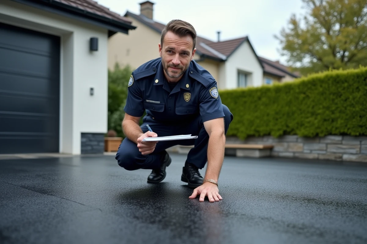 Agent municipal inspectant le nouvel asphalte dans une cour moderne