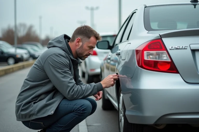 Homme inspectant la carrosserie d'une voiture d'occasion dans un parking, vérifiant les dommages avant l'achat