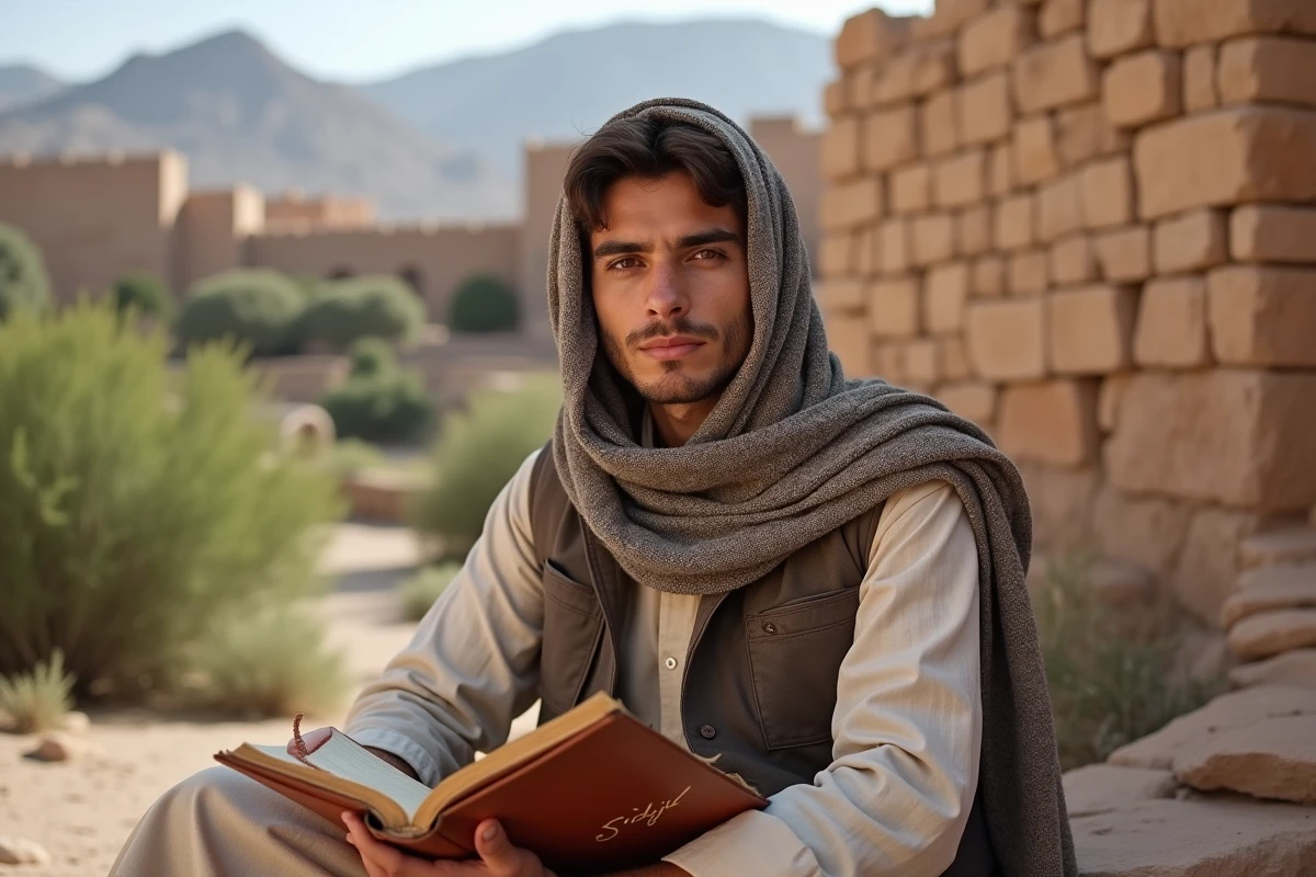 Jeune homme berbere avec journal dans un village de montagne