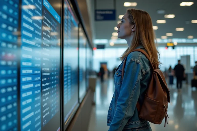 Jeune femme regardant le tableau des départs à l'aéroport de Paris