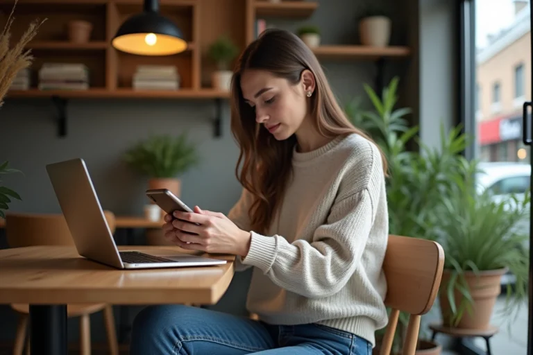 Jeune femme concentrée sur son ordinateur dans un café moderne