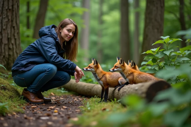 Jeune femme observant des renards dans la forêt