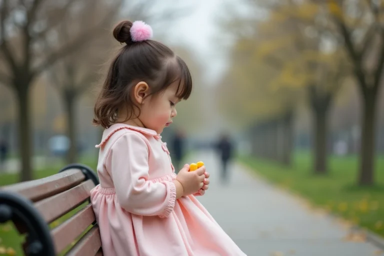 Jeune fille de deux ans jouant sur un banc dans un parc au printemps