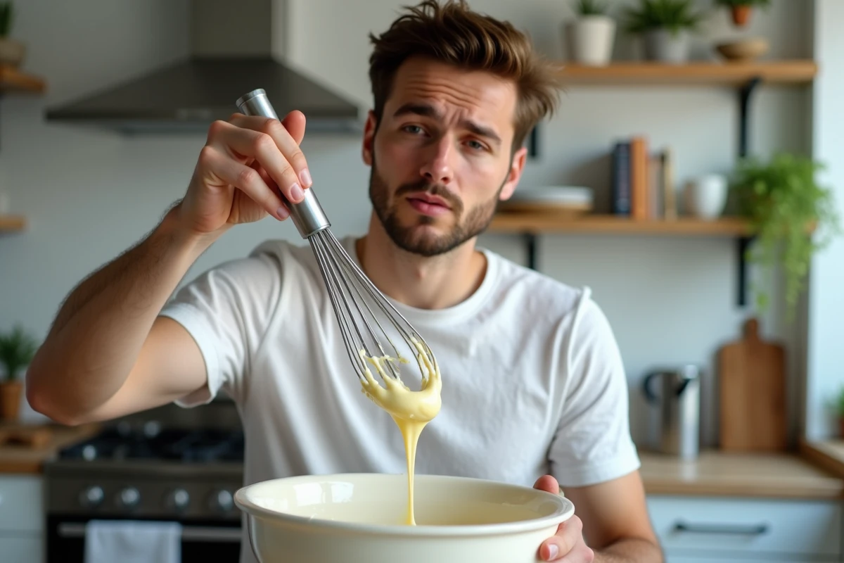 Jeune homme en T-shirt remue une crème dans un bol moderne