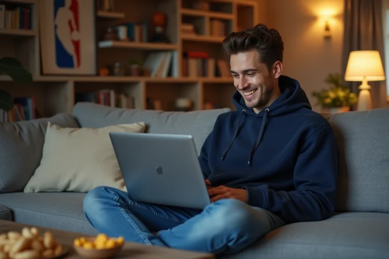 Jeune homme en hoodie regarde un match de basketball sur son laptop