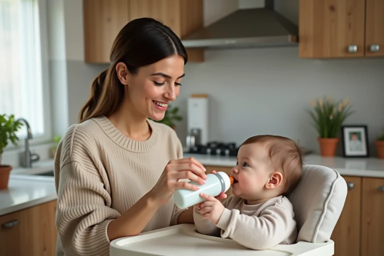 Maman souriante préparant un biberon dans la cuisine chaleureuse