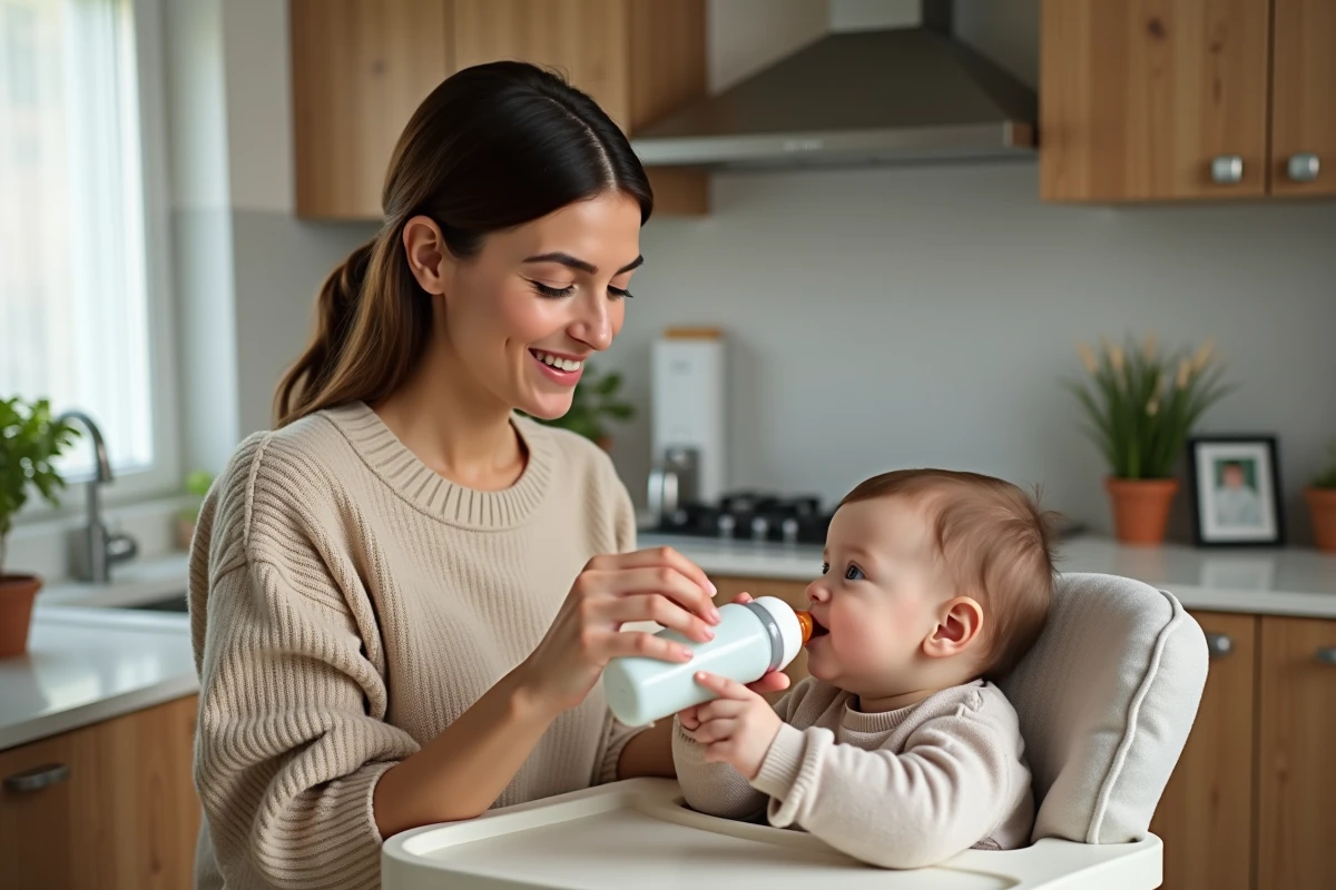 Maman souriante préparant un biberon dans la cuisine chaleureuse