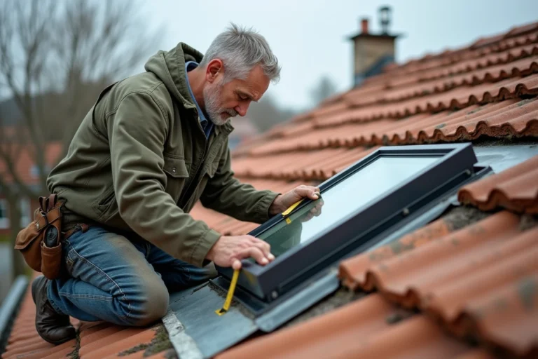 Couvreur mesurant les dimensions d'un ancien Velux sur une toiture en tuiles avec un mètre ruban