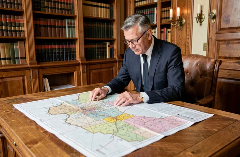 Notaire français examinant des cartes cadastrales dans un bureau parisien traditionnel, illustrant la propriété foncière en France