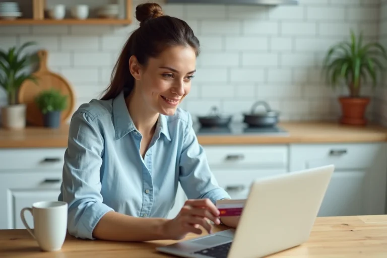 Femme effectuant un paiement en plusieurs fois pour une réservation de voyage sur ordinateur portable