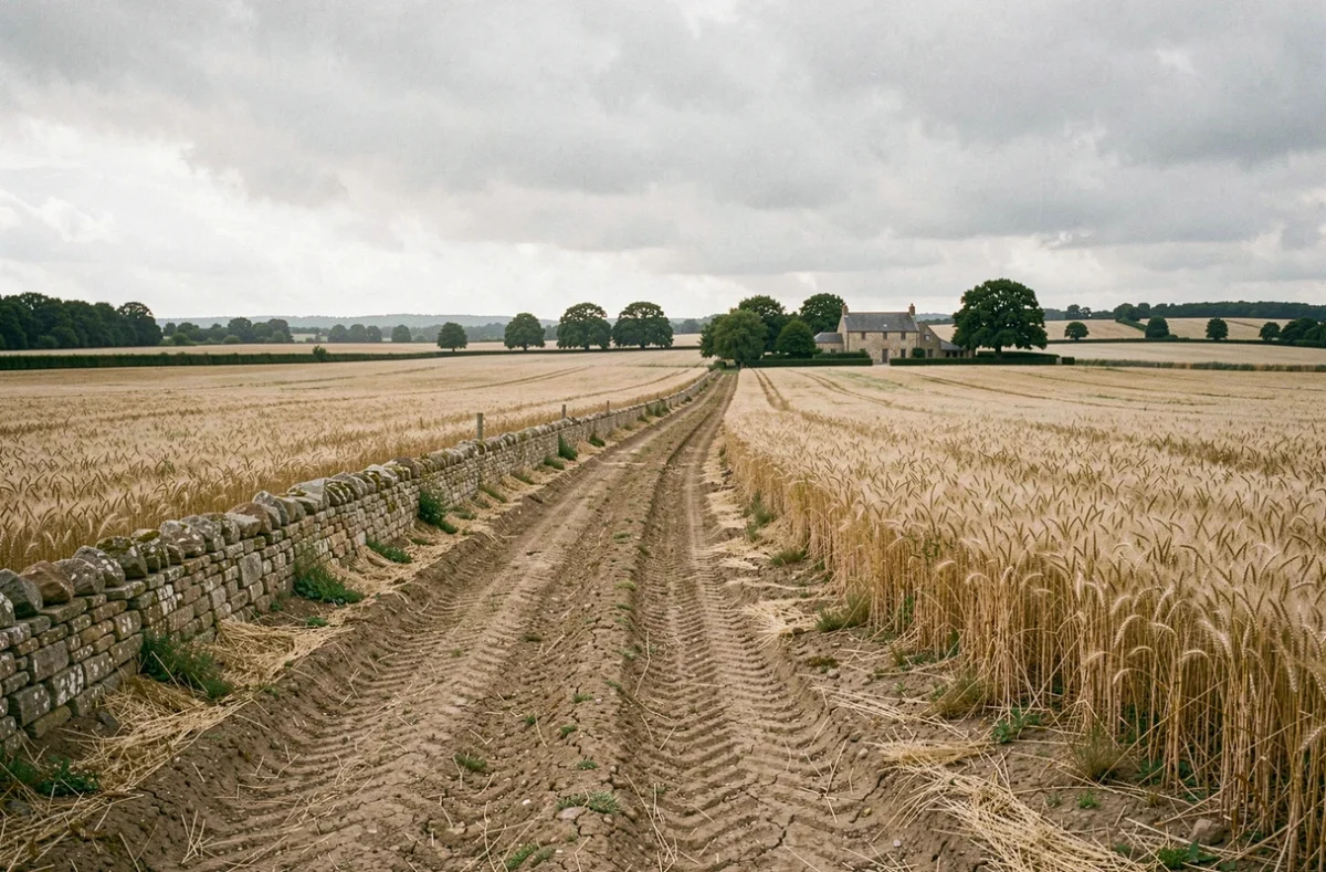 Vaste paysage agricole français avec champs de blé et murs en pierre illustrant la concentration du patrimoine foncier rural en France