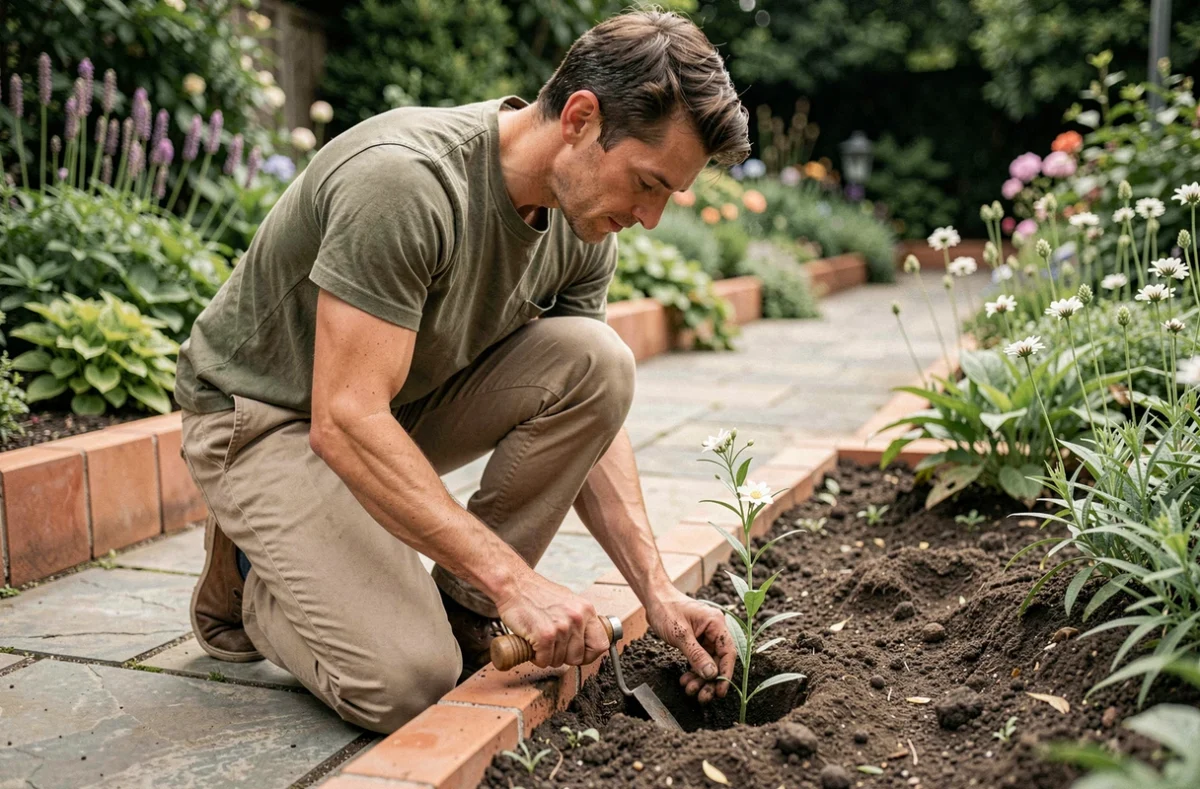 Homme agenouillé dans un jardin plantant une bouture de gaura en terre avec un transplantoir, dans un massif de vivaces