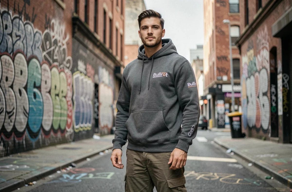 Jeune homme portant un hoodie Bullrot dans un cadre urbain avec des murs tagués reflétant l'identité audacieuse de la marque