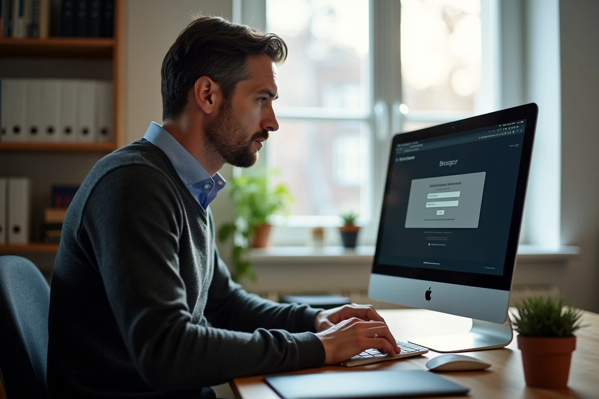 Homme résolvant un problème de connexion au webmail académique depuis son bureau à domicile