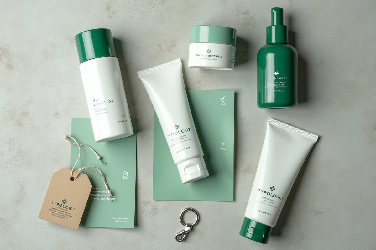 Produits de soin minimalistes de la marque Typology disposés en flat lay sur béton