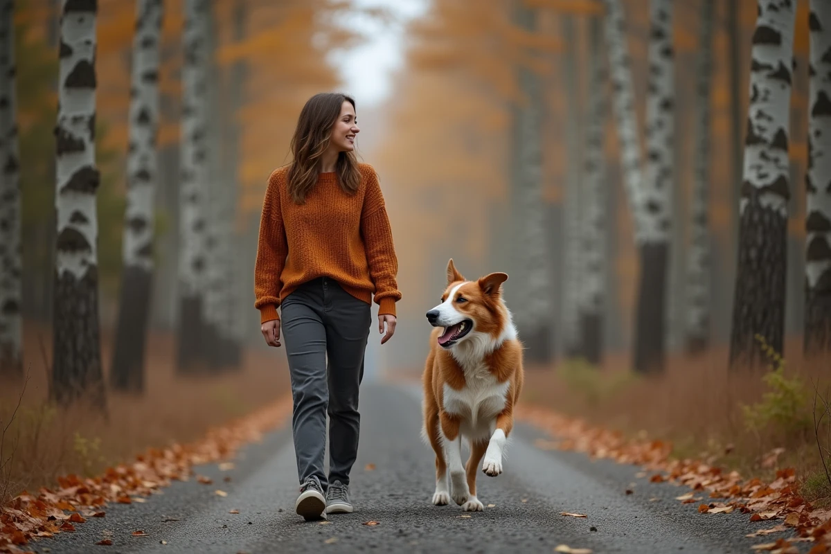 Jeune femme se promenant avec son border collie sur un sentier forestier en automne, illustrant le lien de confiance et la complicité entre maître et chien