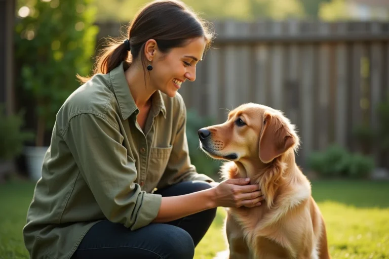 Femme agenouillée qui regarde son golden retriever dans les yeux dans un jardin verdoyant, illustrant une relation bienveillante entre humain et chien