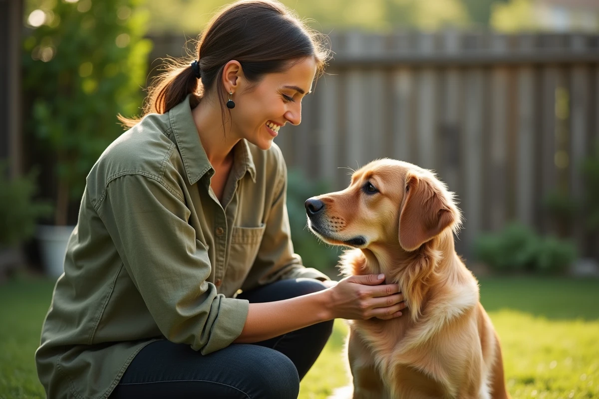 Femme agenouillée qui regarde son golden retriever dans les yeux dans un jardin verdoyant, illustrant une relation bienveillante entre humain et chien