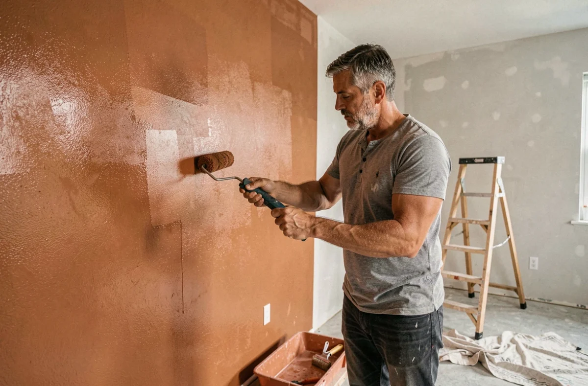 Homme peignant un mur en terracotta pour rénover et décorer une salle à manger
