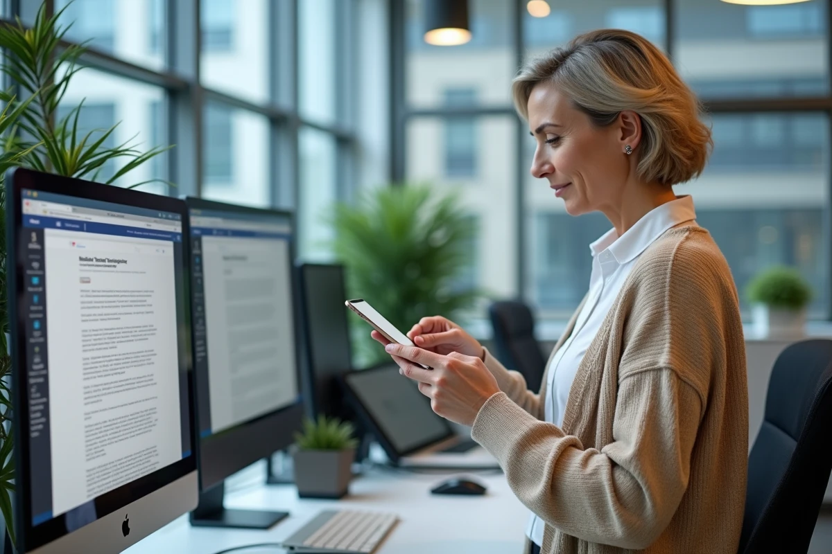 Employée administrative comparant son téléphone et son écran pour résoudre un problème de webmail AC Rennes