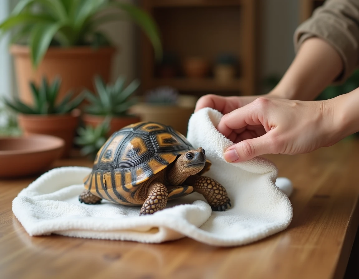 Mains séchant délicatement une tortue de terre avec une serviette après exposure à la pluie