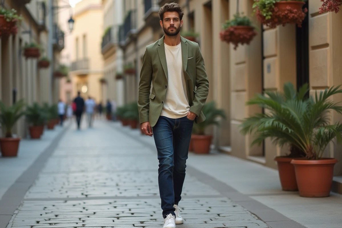 Homme stylé en blazer lin olive marchant dans une rue pavée européenne avec une tenue décontractée tendance