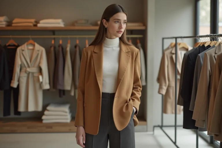 Jeune femme élégante en blazer camel oversize feuilletant des vêtements dans une boutique de mode minimaliste parisienne