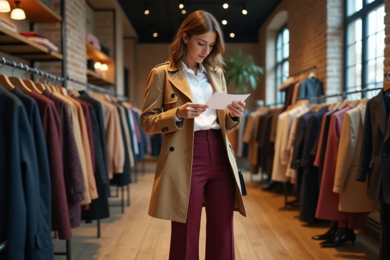 Femme élégante en trench camel explorant les nouvelles tendances mode dans une boutique parisienne chic