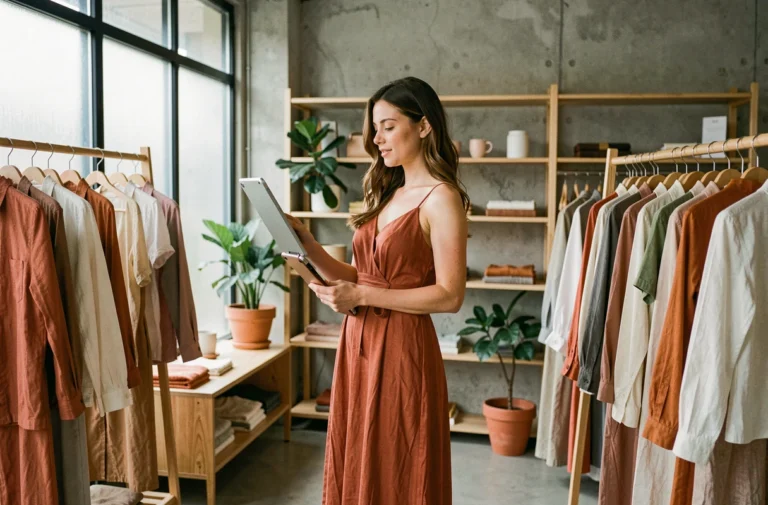 Femme élégante en robe en lin terracotta explorant les tendances mode dans une boutique minimaliste au style scandinave