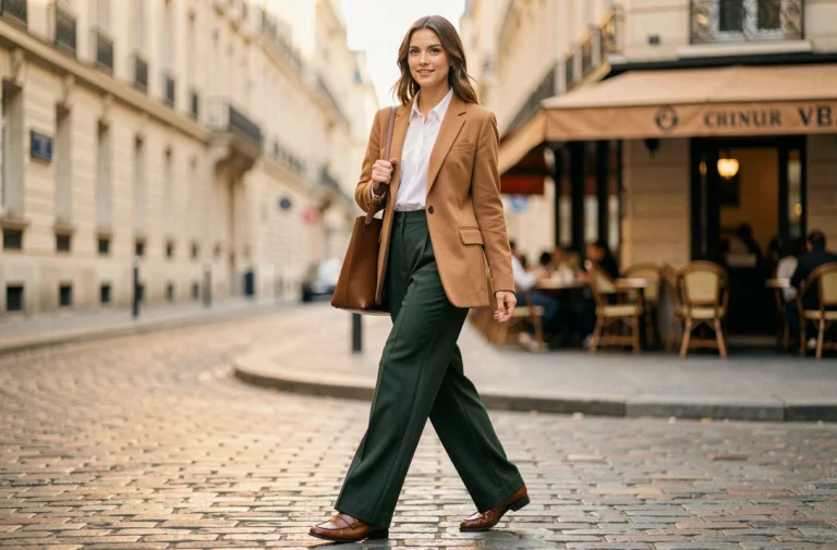 Jeune femme élégante en blazer camel et pantalon large vert forêt marchant dans une rue pavée parisienne, tendances mode automne