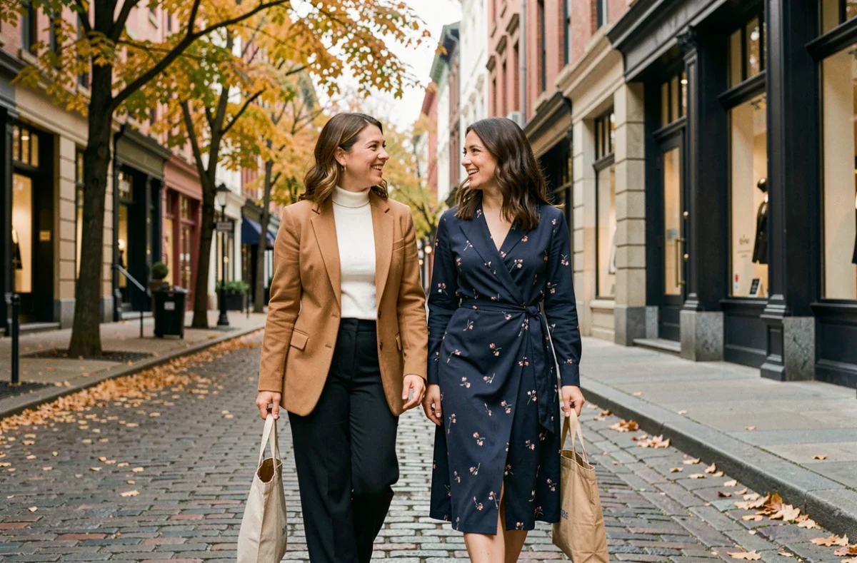 Deux femmes tendance se promenant dans une rue pavée urbaine en automne, portant des tenues mode aux couleurs chaudes et profondes