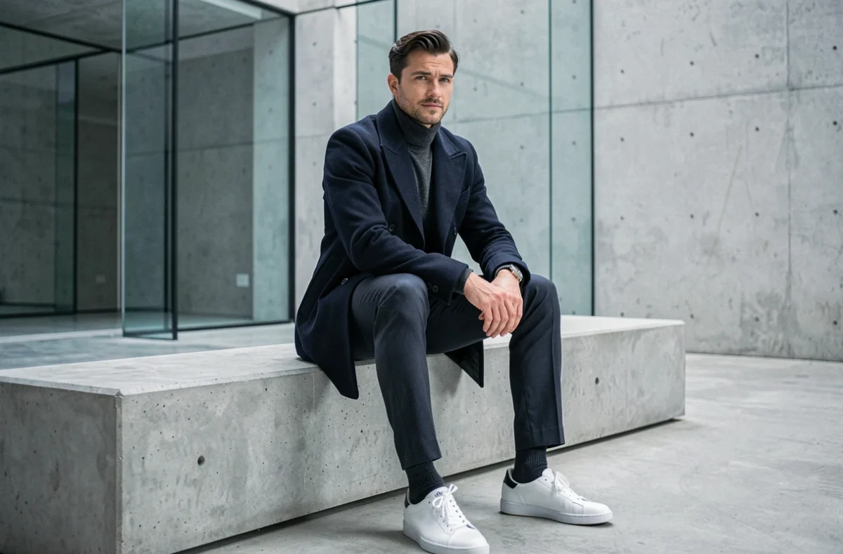 Homme stylé en manteau marine double boutonnage assis dans un espace architectural minimaliste, inspiration mode masculine contemporaine