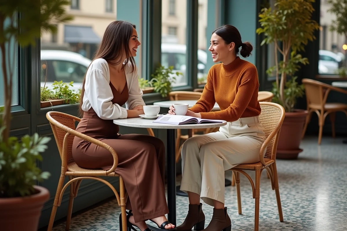 Deux femmes élégamment vêtues discutant mode autour d'un café dans un bistrot parisien au décor authentique