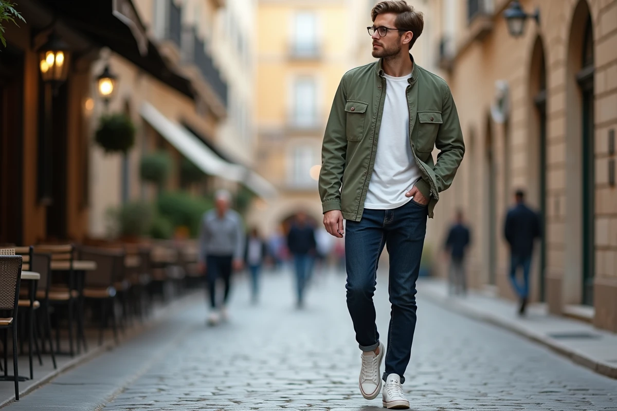 Homme stylé en veste utilitaire verte marchant dans une rue pavée européenne avec un look street style contemporain