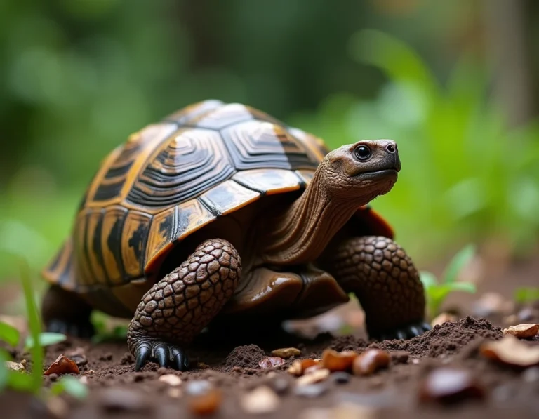 Tortue de terre Hermann sur sol humide après la pluie dans un jardin verdoyant